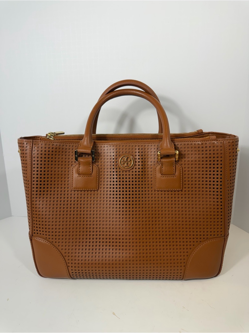 Tory Burch Brown Perforated Leather Tote Shoulder Bag Crossbody Satchel